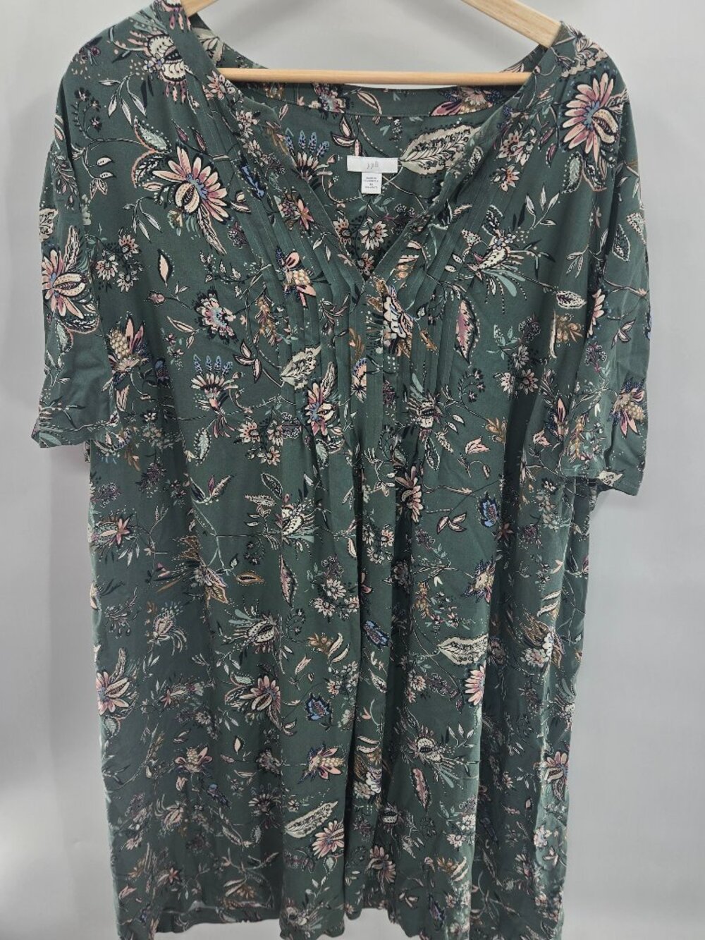 J. Jill Green Floral Pintuck Shirt Dress Rayon Size 3x